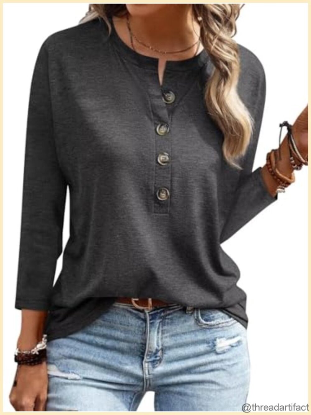 Women's 3/4 Sleeve Tunic Top Crew Neck Button Casual Tee